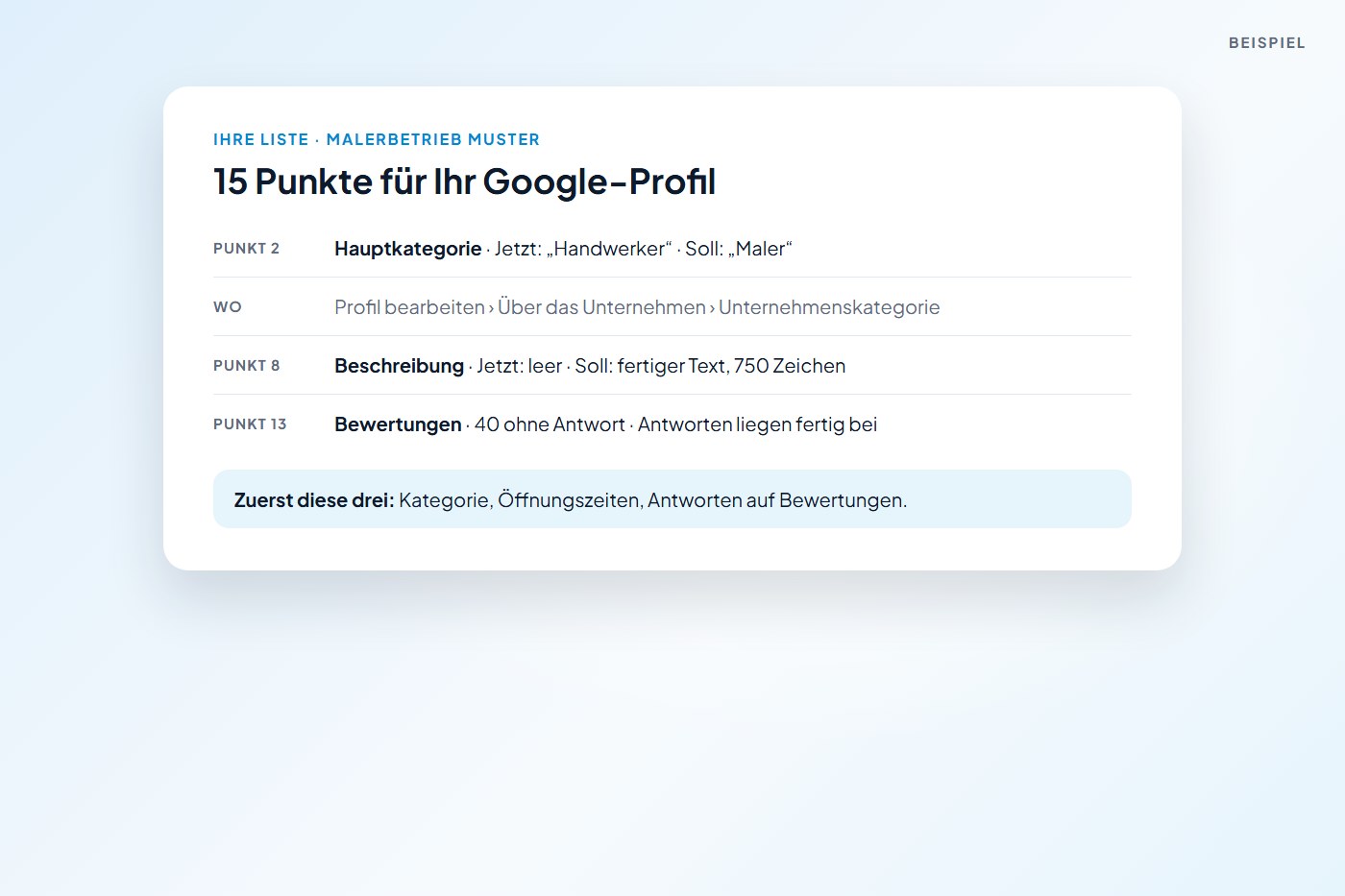 Beispiel: die Liste aus dem Google-Eintrag-Check