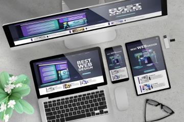 Tablet, Bildschirm und ein Handy auf einem Tisch. Darauf ist Webdesign zu lesen.