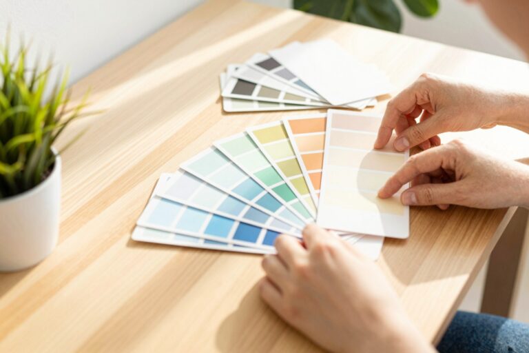 Farbmuster und Farbfächer auf einem Schreibtisch beim Zusammenstellen einer Farbpalette