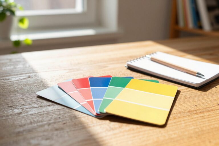 Aufgefächerte Farbkarten in kräftigen Farben auf einem Tisch neben einem Notizbuch