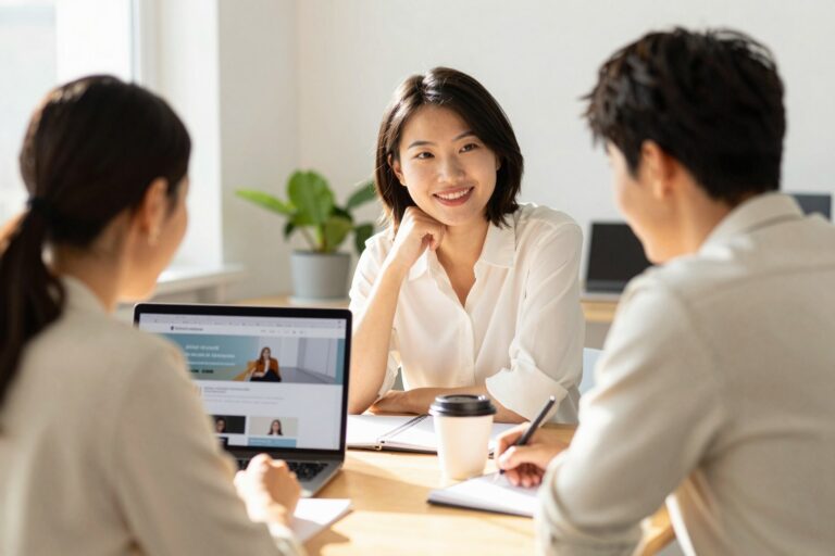 Beratungsgespräch am Tisch mit Laptop und Notizen zur Planung einer neuen Homepage