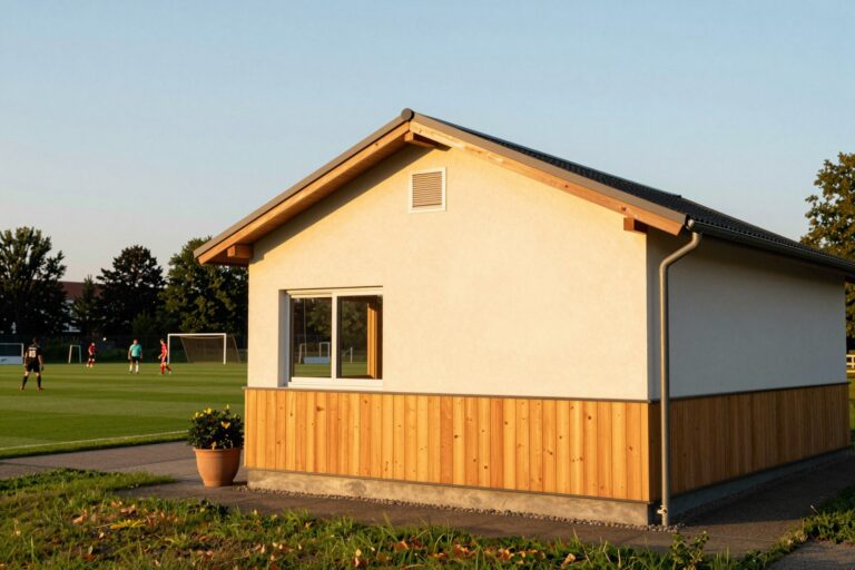 Vereinsheim mit Sportplatz am Abend, warmes Licht, Menschen in der Ferne auf dem Platz