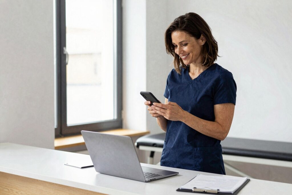 Smartphone mit geöffnetem KI-Assistenten, der drei lokale Betriebe als Empfehlung anzeigt